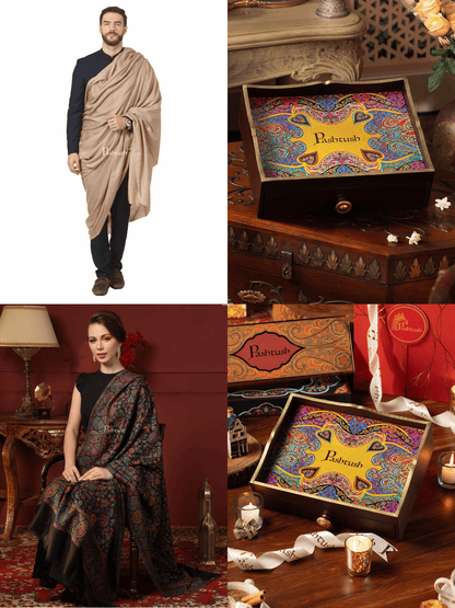 Pashtush India Gift Pack Pashtush His and Her Gift Set of 100% Pure Wool Shawls, Beige and Multicolour, Packaged in Keepsake Wooden Chester Gift Box