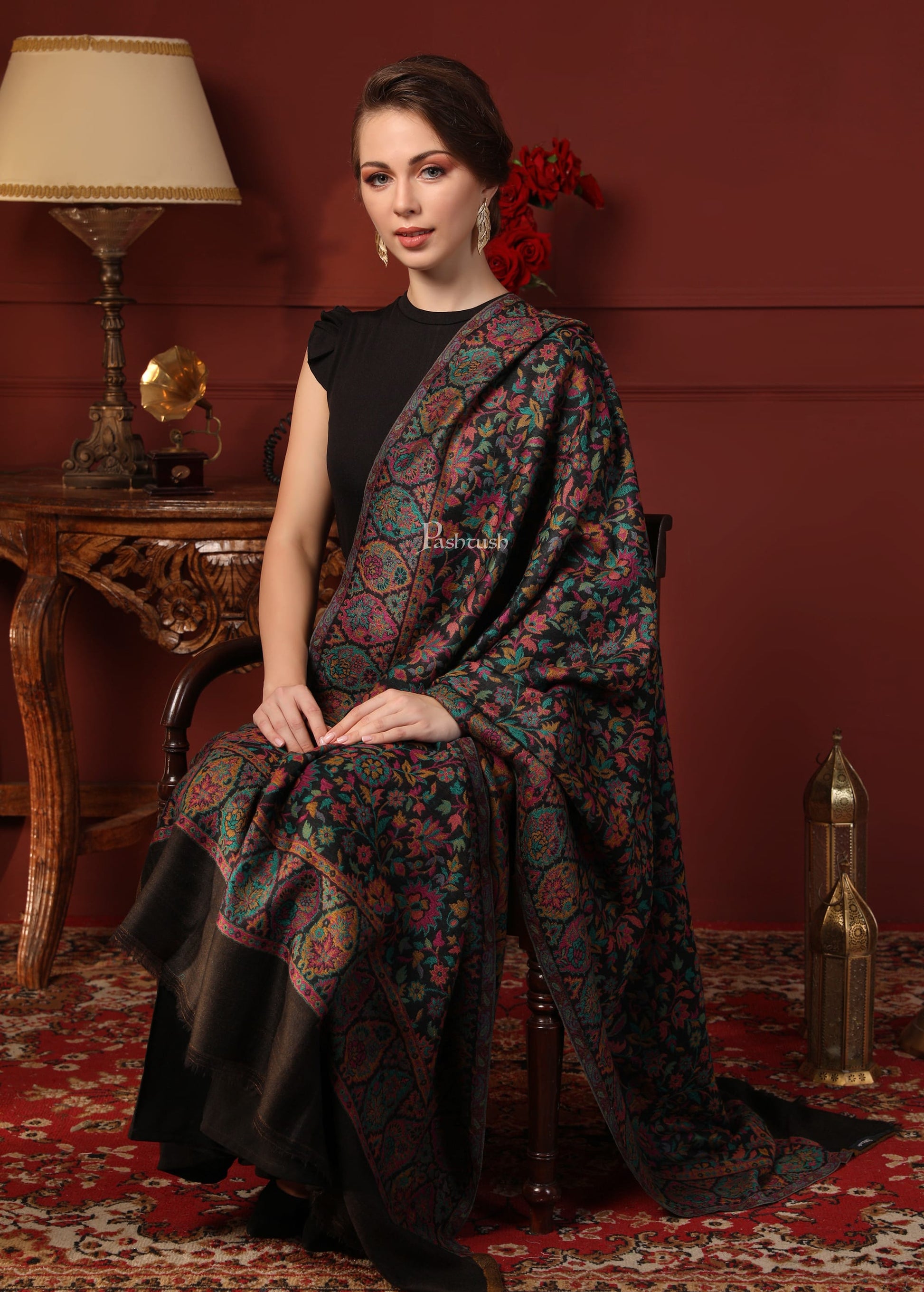 Pashtush India Gift Pack Pashtush His and Her Gift Set of 100% Pure Wool Shawls, Beige and Multicolour, Packaged in Keepsake Wooden Chester Gift Box