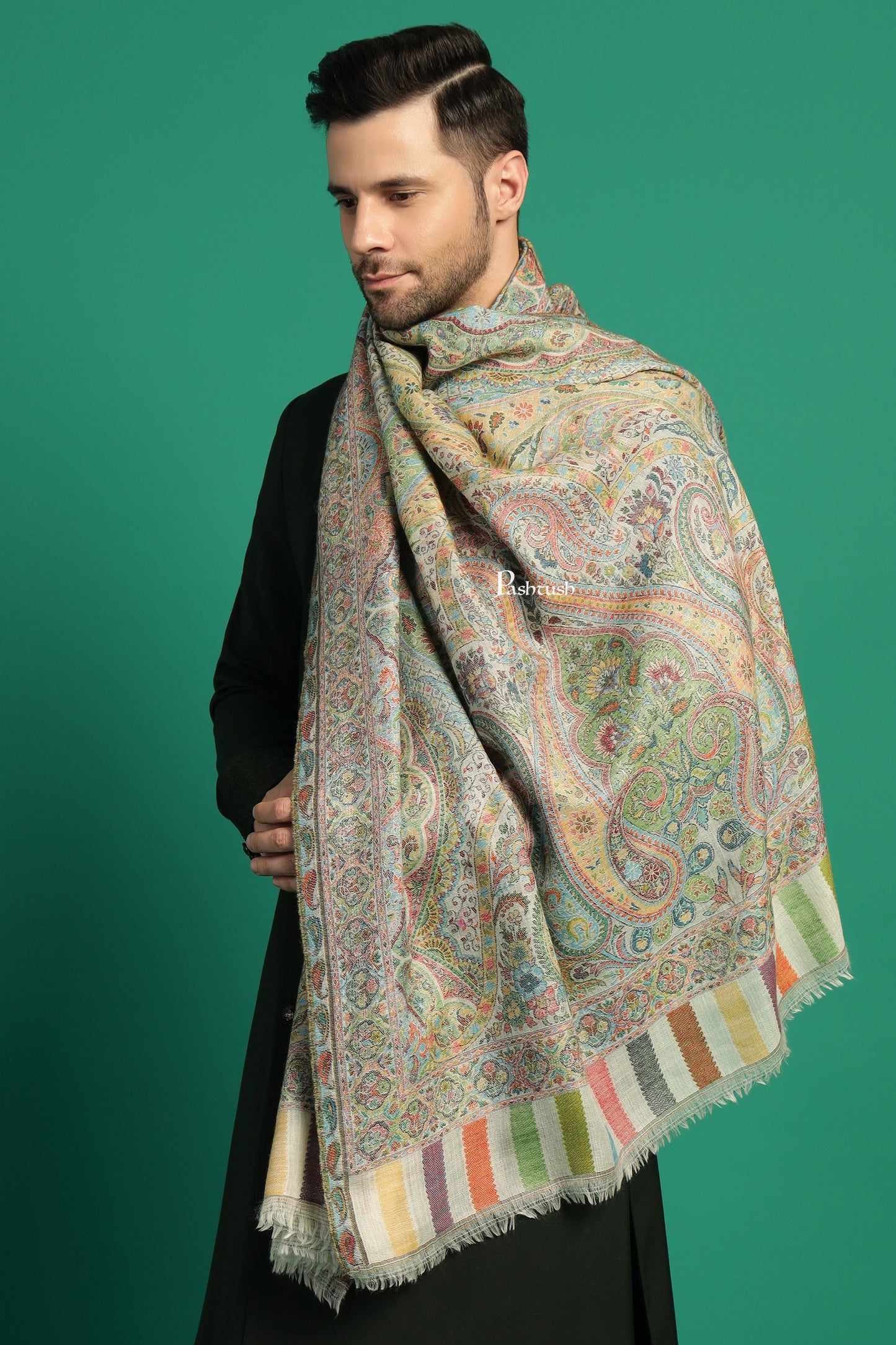Pashtush India Gift Pack Pashtush His and Her Gift Set of 100% Pure Wool Stole and Shawl, Ivory and Black, Packaged in Keepsake Wooden Chester Gift Box