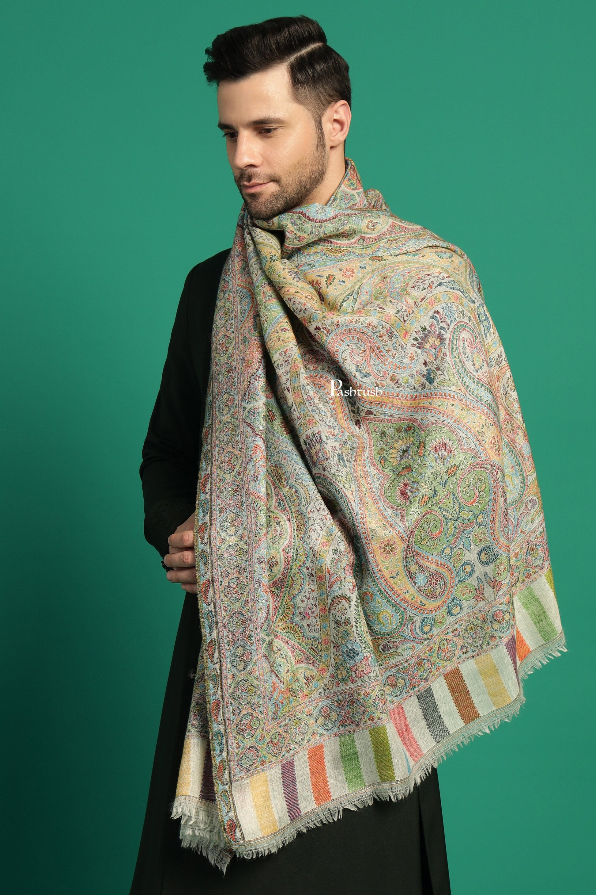 Pashtush India Gift Pack Pashtush His and Her Gift Set of 100% Pure Wool Stole and Shawl, Ivory and Black, Packaged in Keepsake Wooden Chester Gift Box