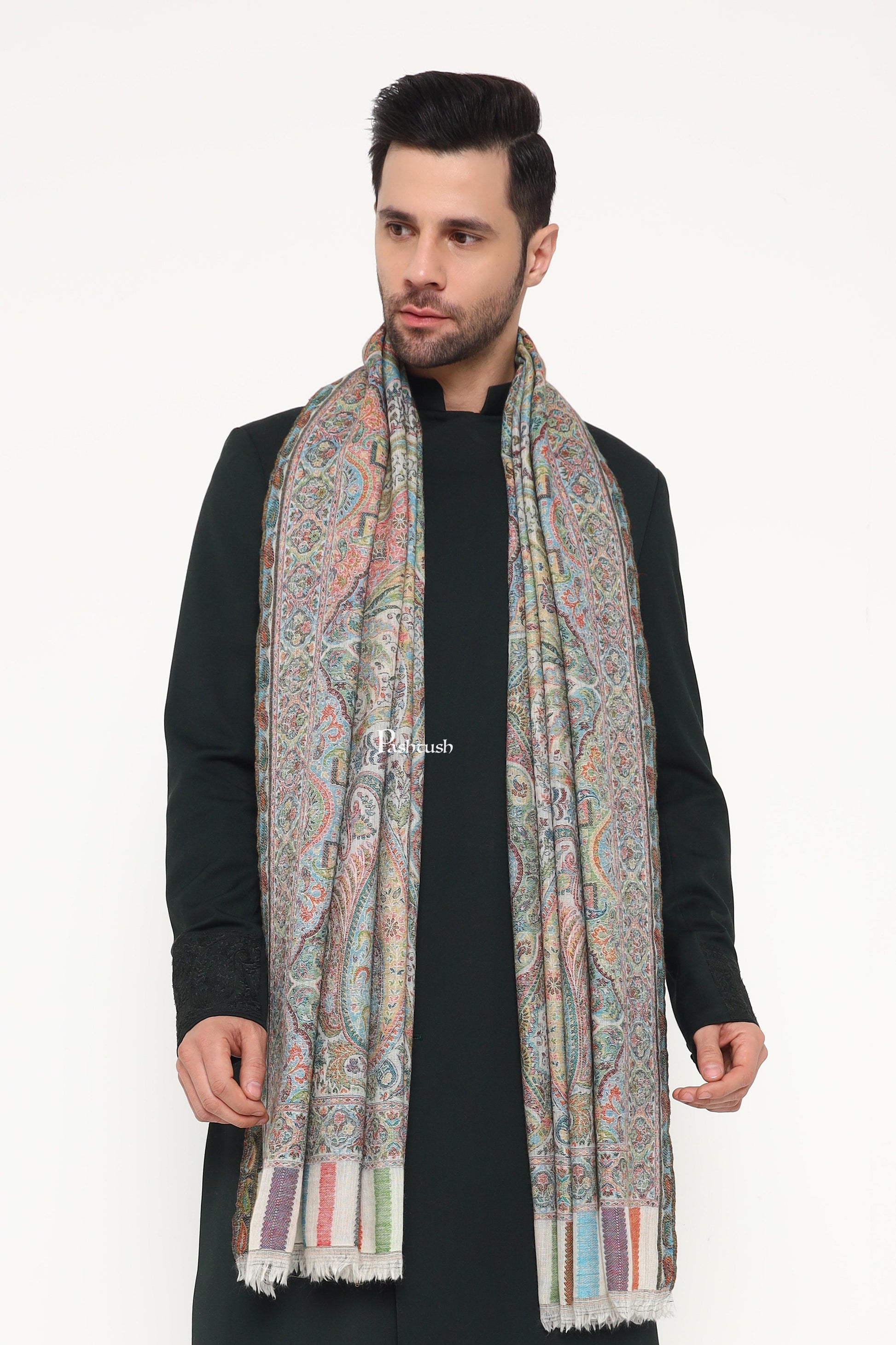 Pashtush India Gift Pack Pashtush His and Her Gift Set of 100% Pure Wool Stole and Shawl, Ivory and Black, Packaged in Keepsake Wooden Chester Gift Box