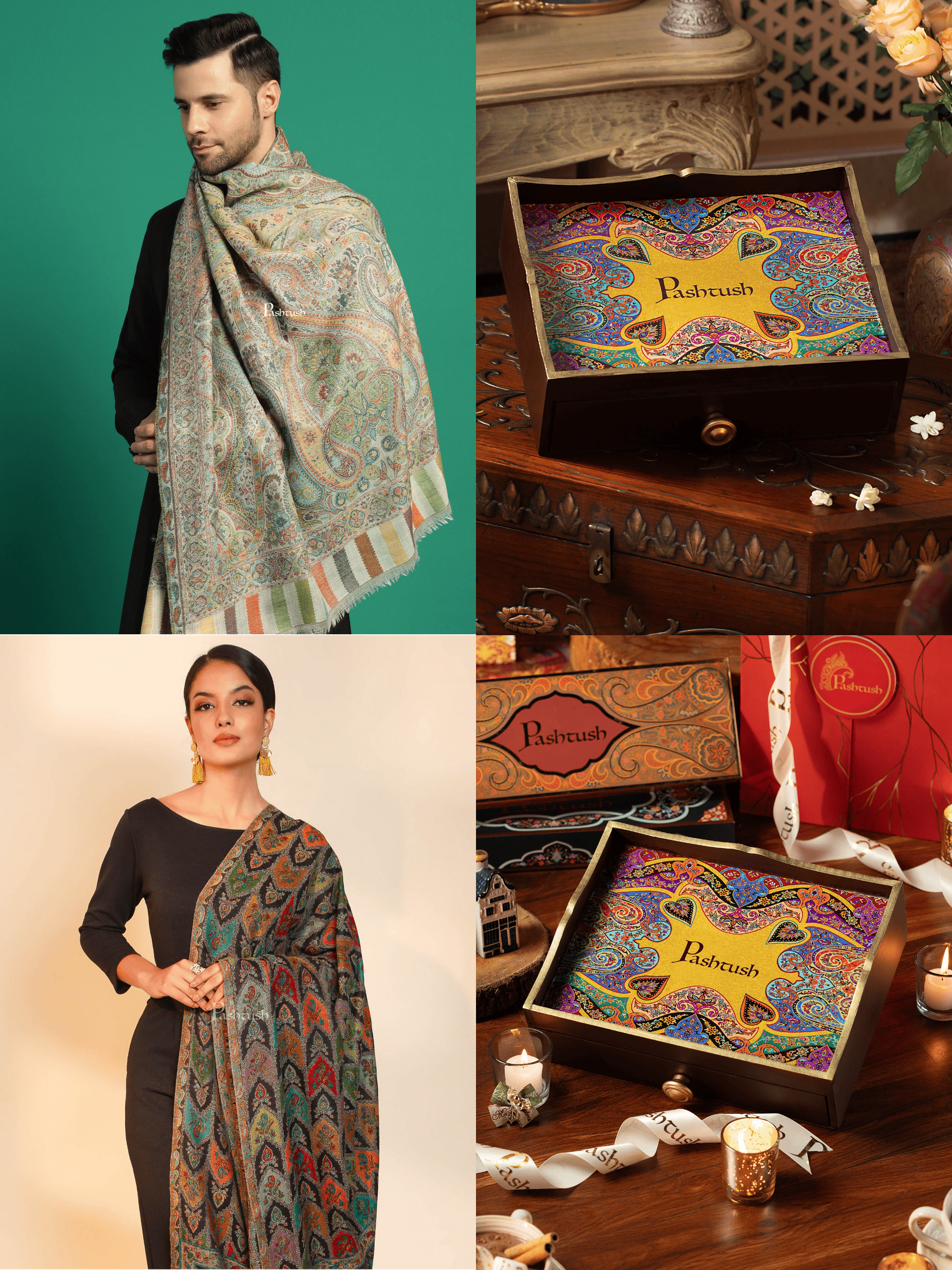 Pashtush India Gift Pack Pashtush His and Her Gift Set of 100% Pure Wool Stole and Shawl, Ivory and Black, Packaged in Keepsake Wooden Chester Gift Box