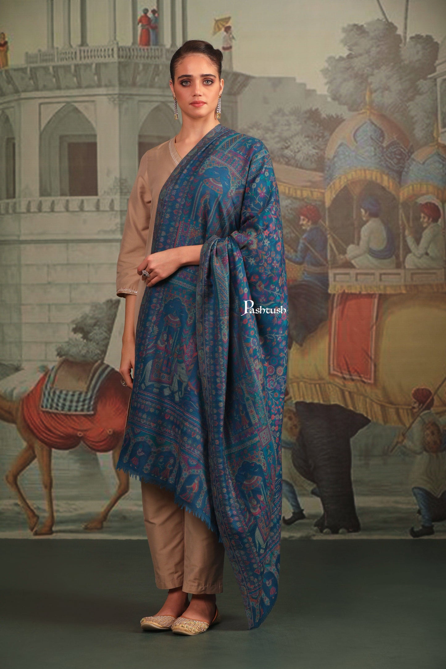 Pashtush India Gift Pack Pashtush His and Her Gift Set of 100% Pure Wool Stole and Shawl, Mustard and Blue, Packaged in Keepsake Wooden Chester Gift Box