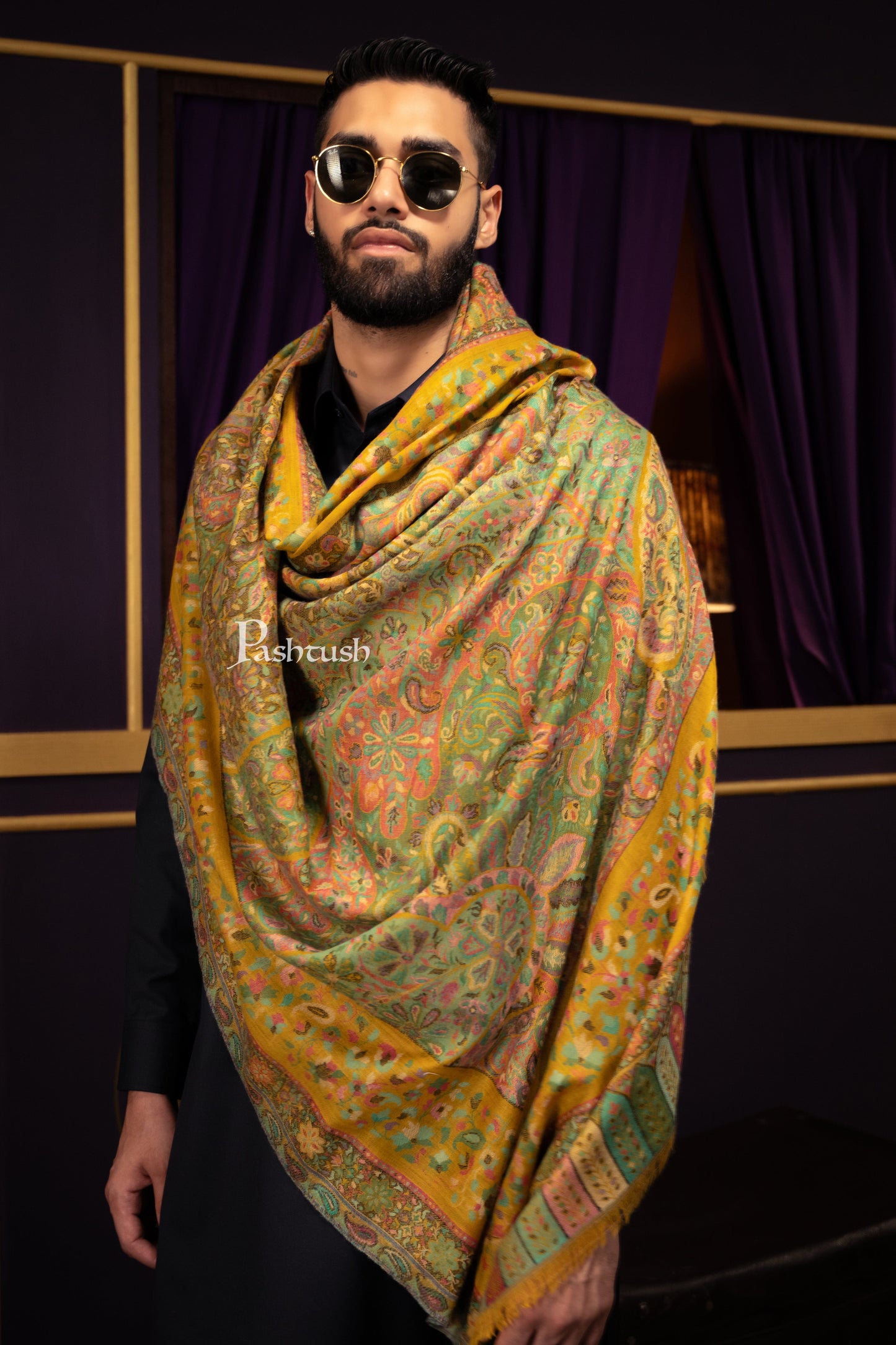 Pashtush India Gift Pack Pashtush His and Her Gift Set of 100% Pure Wool Stole and Shawl, Mustard and Blue, Packaged in Keepsake Wooden Chester Gift Box