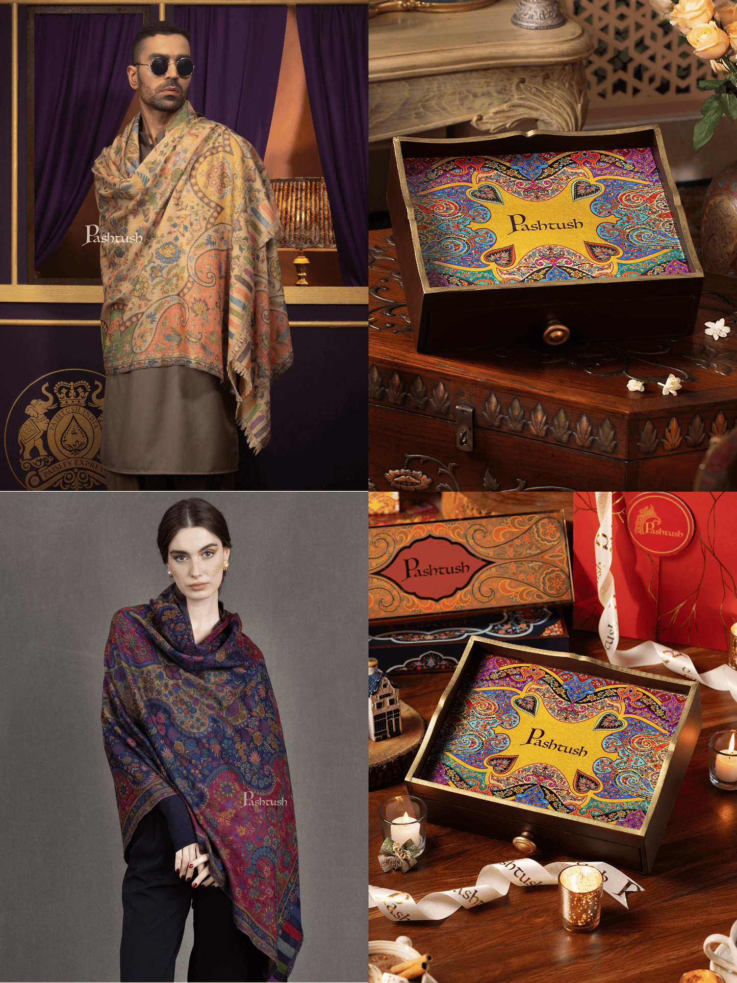 Pashtush India Gift Pack Pashtush His and Her Gift Set of 100% Pure Wool Stoles, Beige and Multicoloured, Packaged in Keepsake Wooden Chester Gift Box