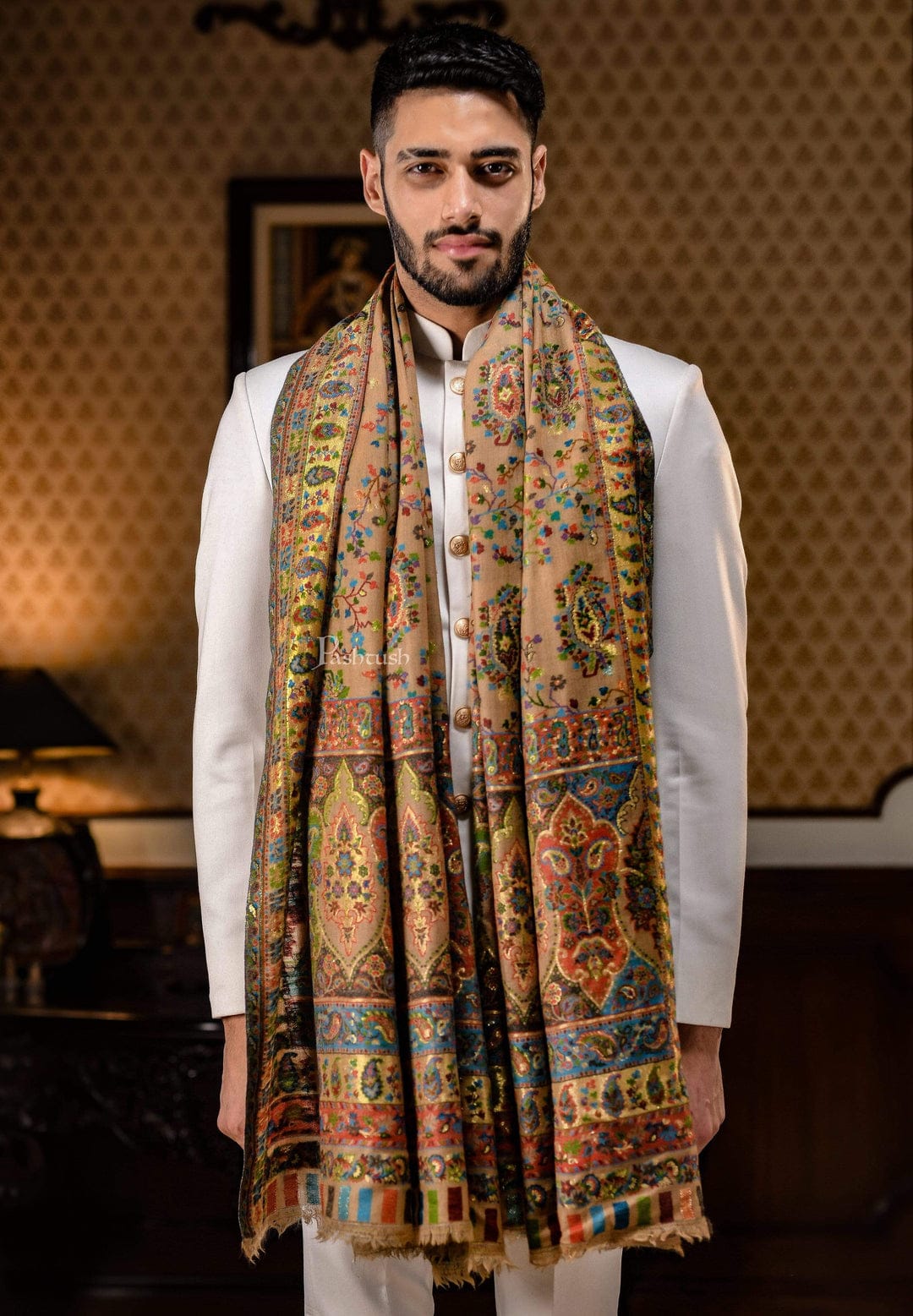 Pashtush India Gift Pack Pashtush His and Her Gift Set of 100% Pure Wool Stoles, Beige and Multicoloured, Packaged in Keepsake Wooden Chester Gift Box