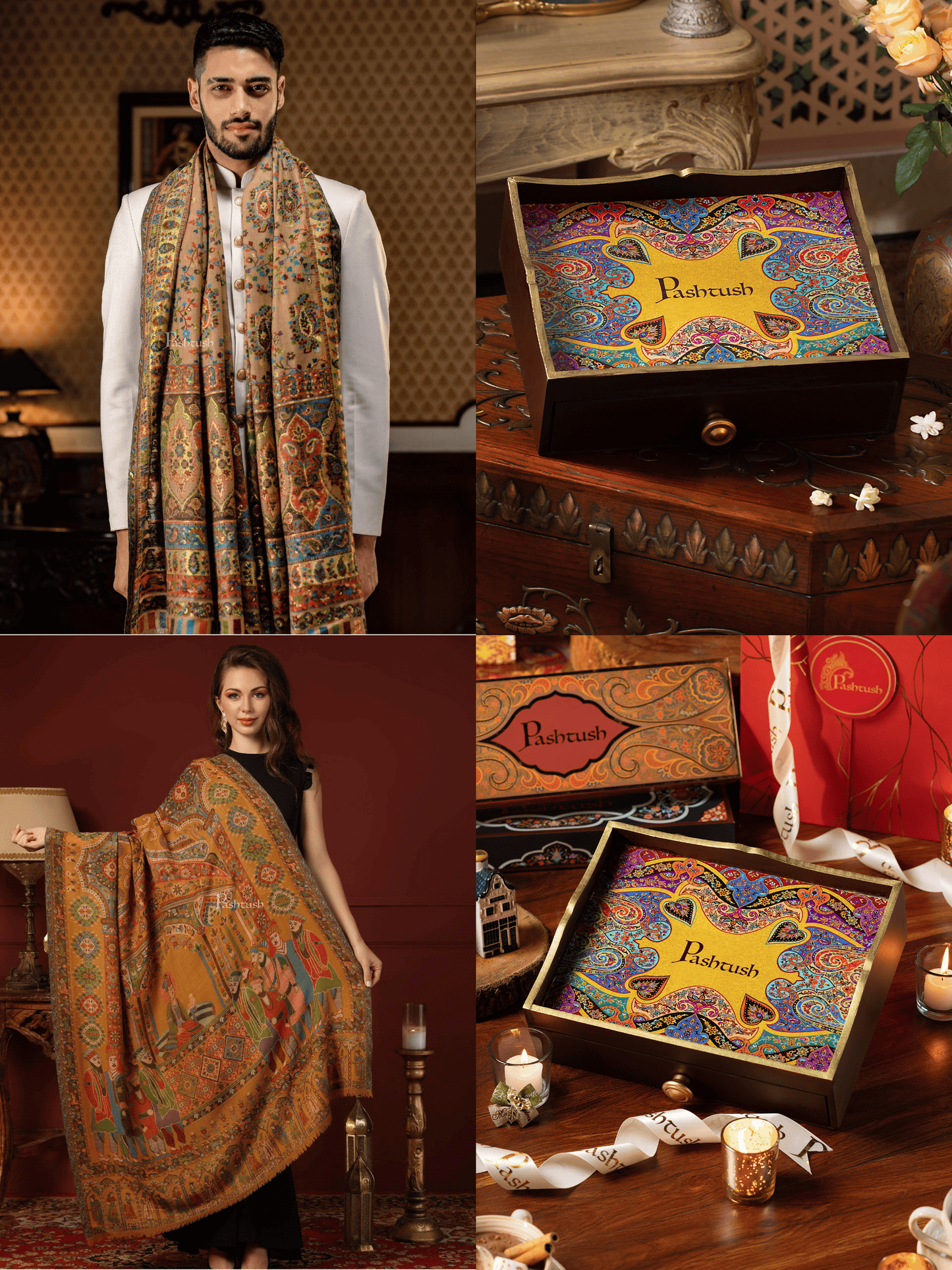 Pashtush India Gift Pack Pashtush His and Her Gift Set of 100% Pure Wool Stoles, Beige and Multicoloured, Packaged in Keepsake Wooden Chester Gift Box