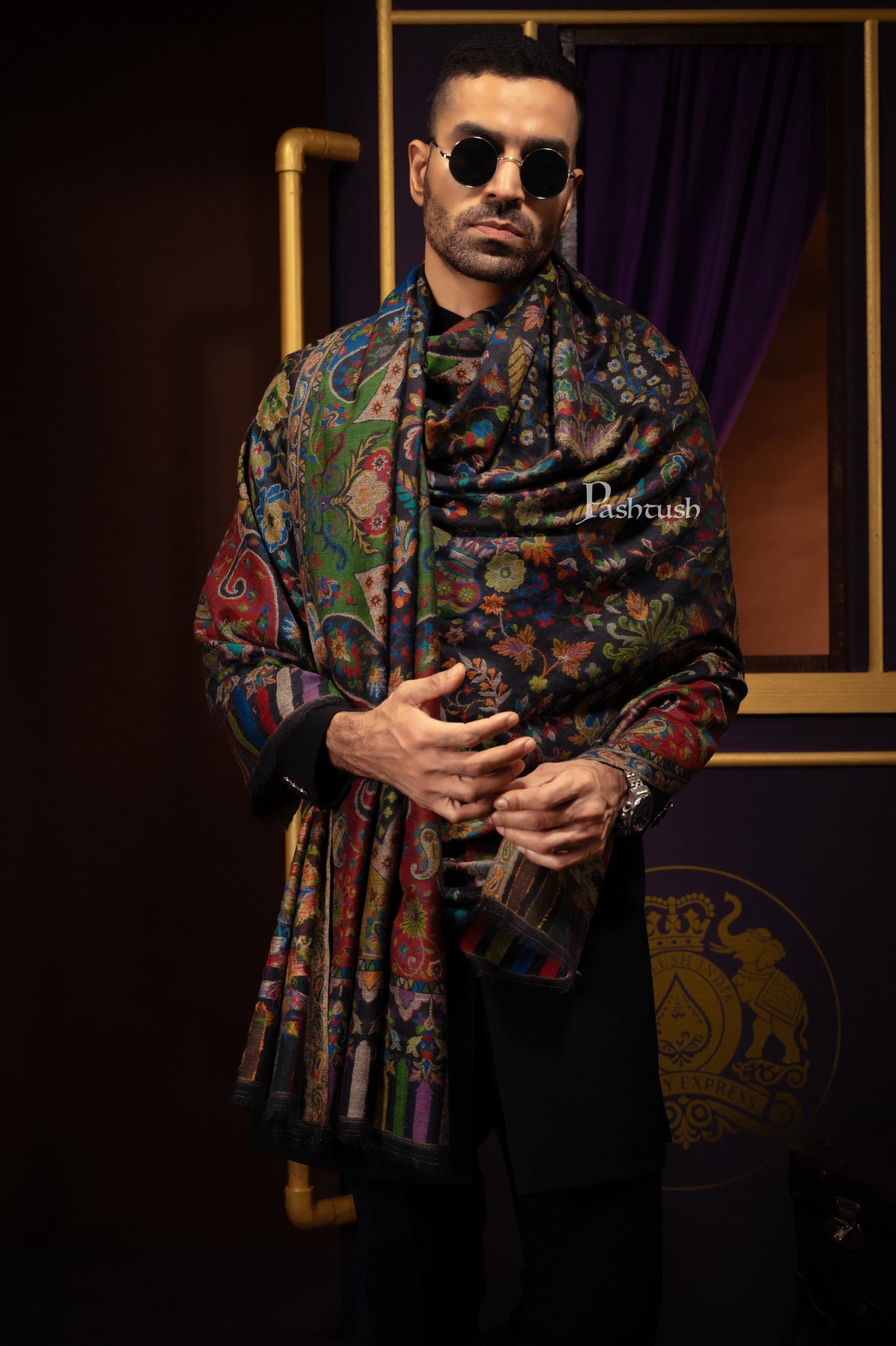 Pashtush India Gift Pack Pashtush His and Her Gift Set of 100% Pure Wool Stoles, Black and Multicoloured, Packaged in Keepsake Wooden Chester Gift Box