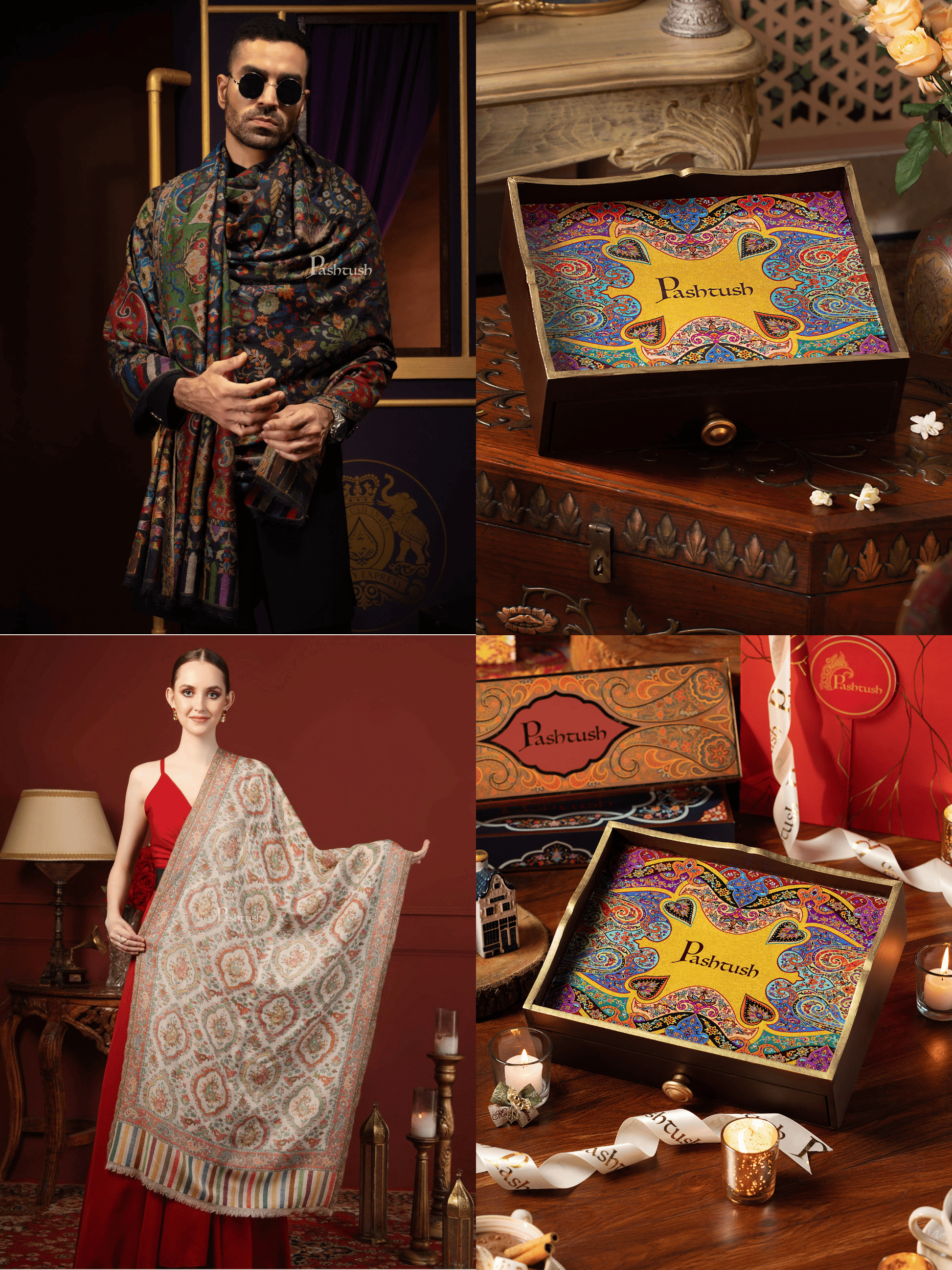 Pashtush India Gift Pack Pashtush His and Her Gift Set of 100% Pure Wool Stoles, Black and Multicoloured, Packaged in Keepsake Wooden Chester Gift Box
