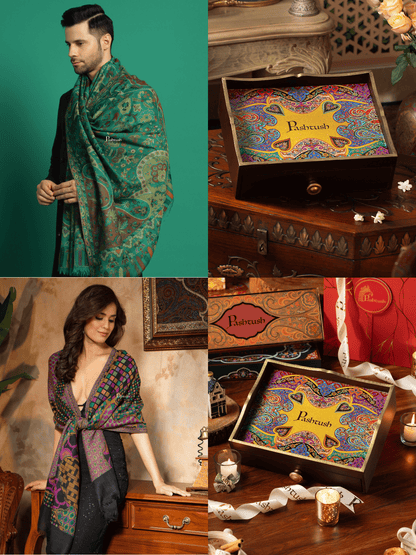 Pashtush India Gift Pack Pashtush His and Her Gift Set of 100% Pure Wool Stoles, Green and Black, Packaged in Keepsake Wooden Chester Gift Box