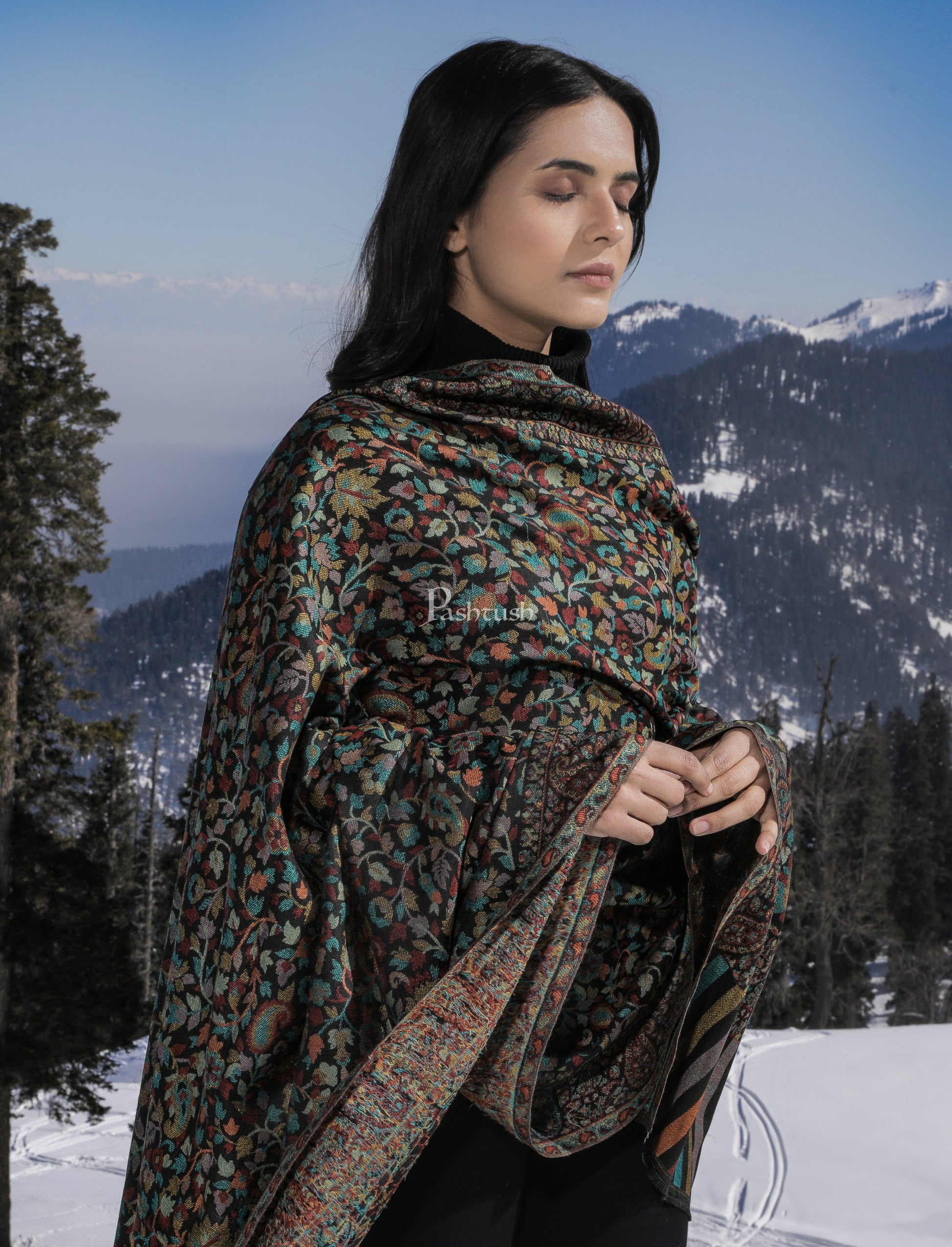 Pashtush India Gift Pack Pashtush His And Her Gift Set Of Aztec Weave Shawl and Ethnic Weave Shawl With Wooden Chester Box, Black and Multi Color