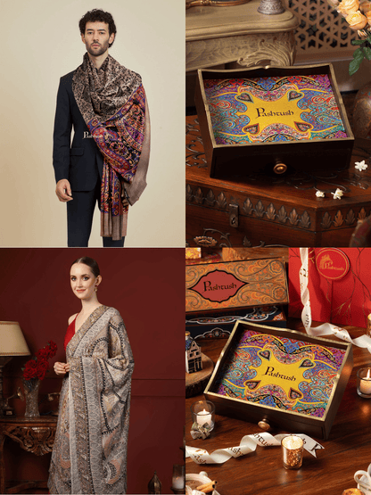 Pashtush India Gift Pack Pashtush His and Her Gift Set of Bamboo Stoles, Multicoloured, Packaged in Keepsake Wooden Chester Gift Box