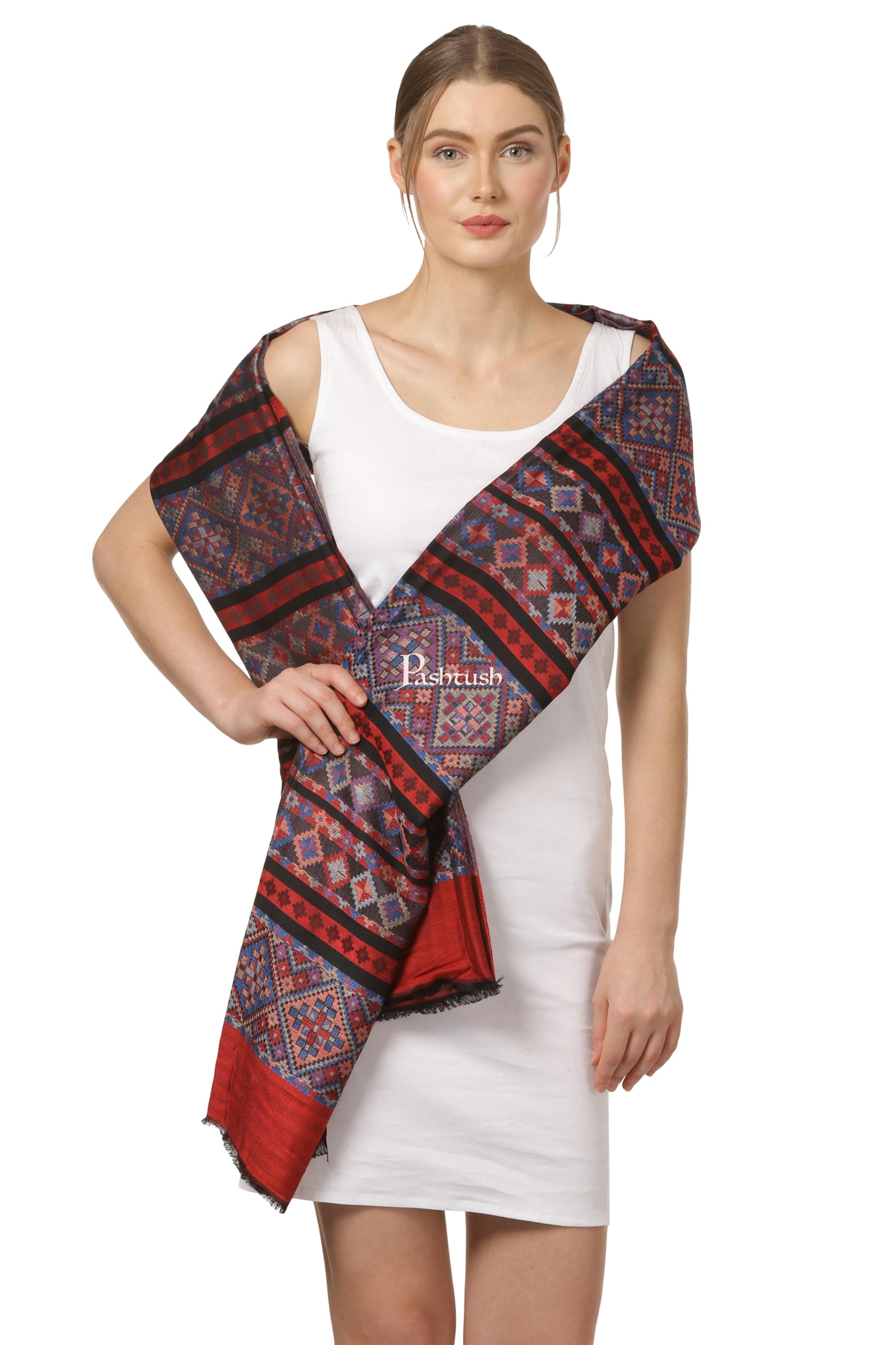 Pashtush India Gift Pack Pashtush His And Her Gift Set Of Bamboo Weave Stoles With Premium Gift Box Packaging, Blue and Red