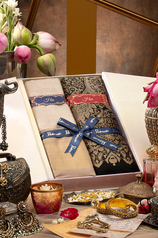 Pashtush India Gift Pack Pashtush His And Her Gift Set Of Banded Twilight Stoles With Premium Gift Box Packaging, Ivory And Black