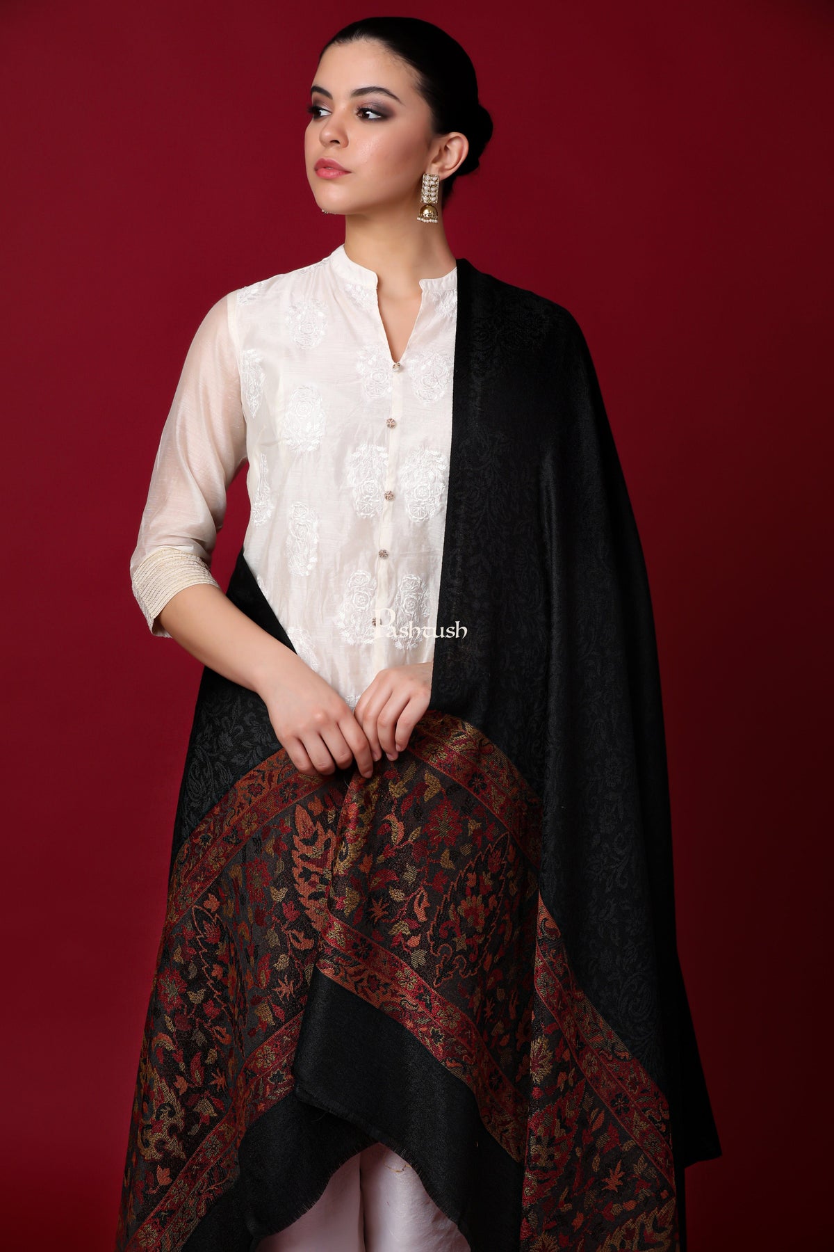 Pashtush India Gift Pack Pashtush His And Her Gift Set Of Check Stole and Ethnic Weave Palla Shawl With Premium Gift Box Packaging, Black