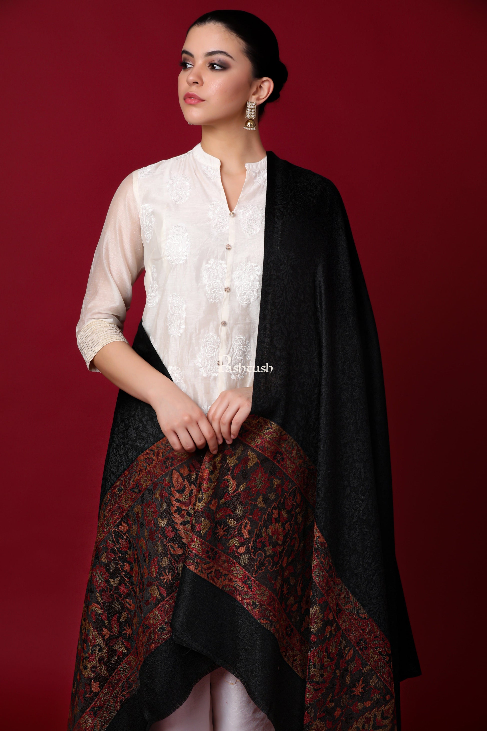 Pashtush India Gift Pack Pashtush His And Her Gift Set Of Check Stole and Ethnic Weave Palla Shawl With Premium Gift Box Packaging, Black