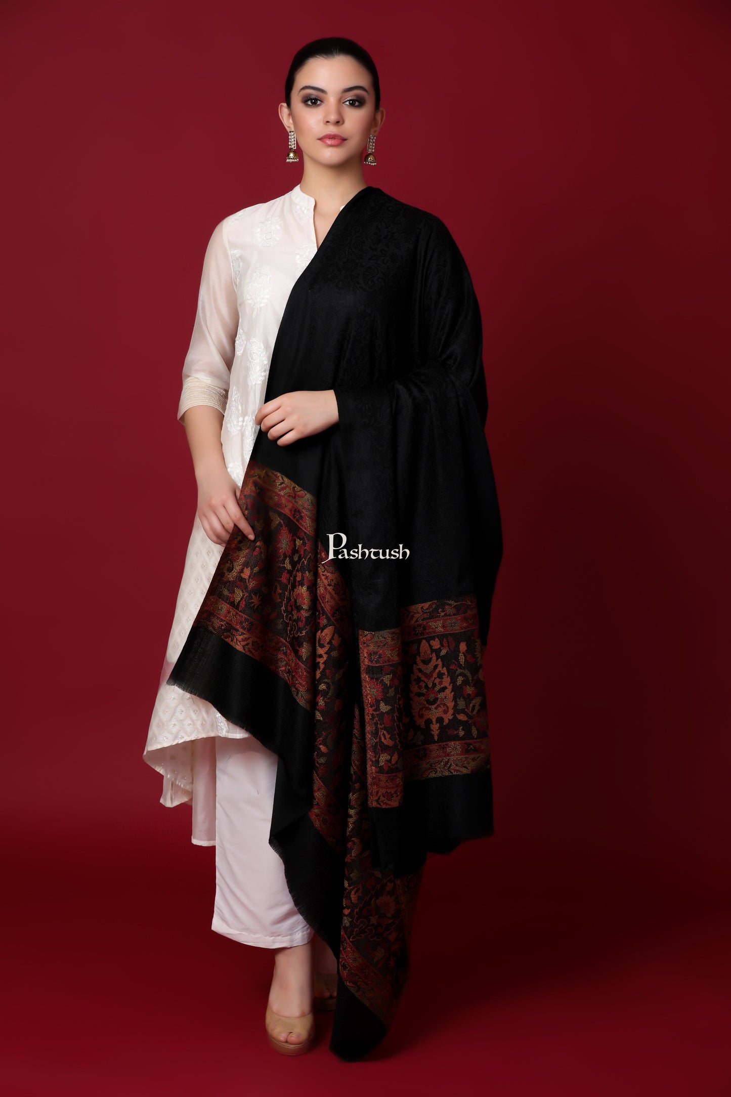 Pashtush India Gift Pack Pashtush His And Her Gift Set Of Check Stole and Ethnic Weave Palla Shawl With Premium Gift Box Packaging, Black