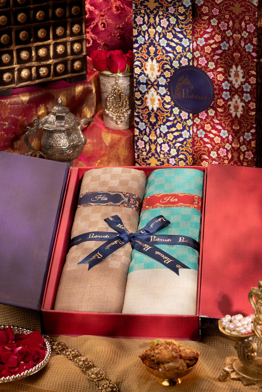 Pashtush India Gift Pack Pashtush His And Her Gift Set Of Check Stoles With Premium Gift Box Packaging, Beige and Sea Green