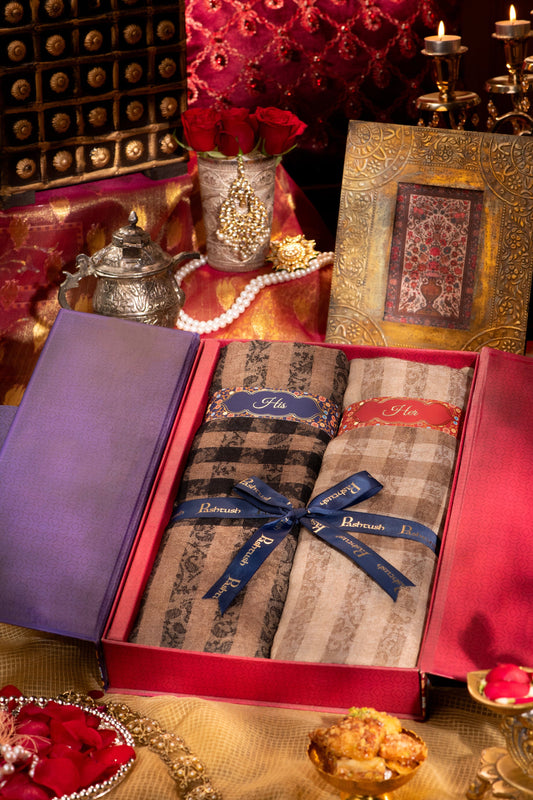 Pashtush India Gift Pack Pashtush His And Her Gift Set Of Check Stripe Stoles With Premium Gift Box Packaging, Black and Beige