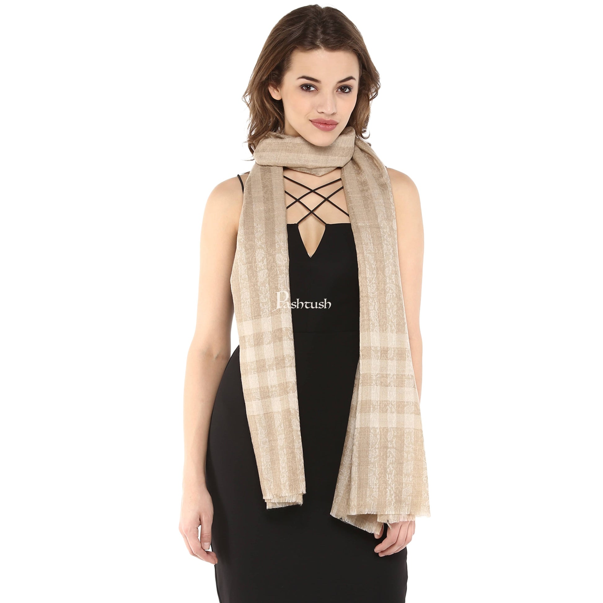 Pashtush India Gift Pack Pashtush His And Her Gift Set Of Check Stripe Stoles With Premium Gift Box Packaging, Black and Beige