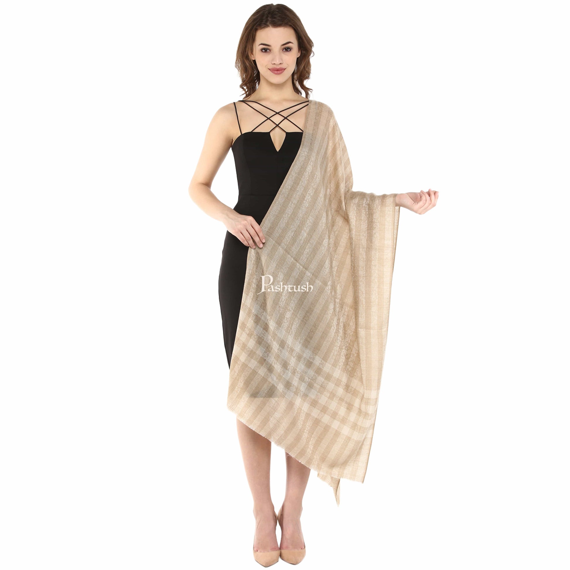 Pashtush India Gift Pack Pashtush His And Her Gift Set Of Check Stripe Stoles With Premium Gift Box Packaging, Black and Beige