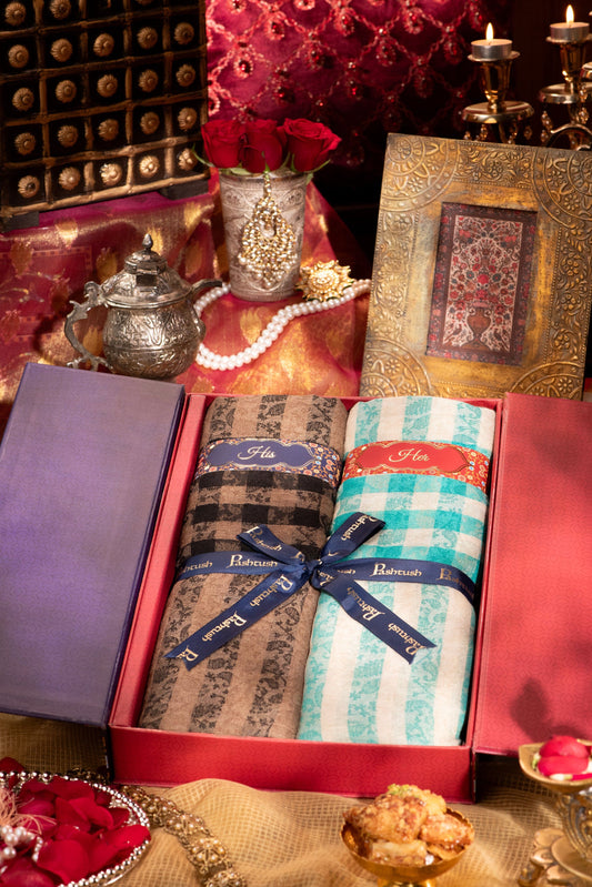 Pashtush India Gift Pack Pashtush His And Her Gift Set Of Check-Stripe Design Stoles With Premium Gift Box Packaging, Black and Sea Green