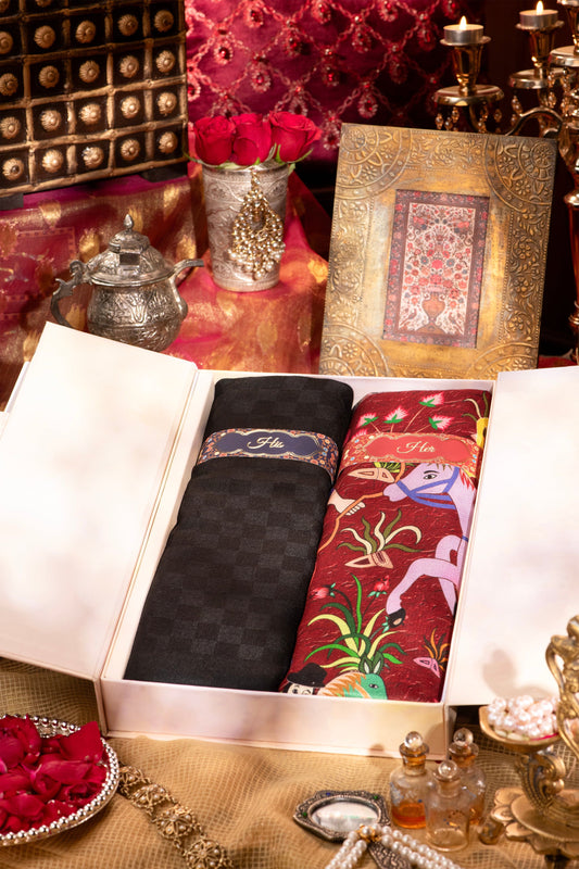 Pashtush India Gift Pack Pashtush His And Her Gift Set Of Checkered and Bamboo Printed Stoles With Premium Gift Box Packaging, Black and Multi color