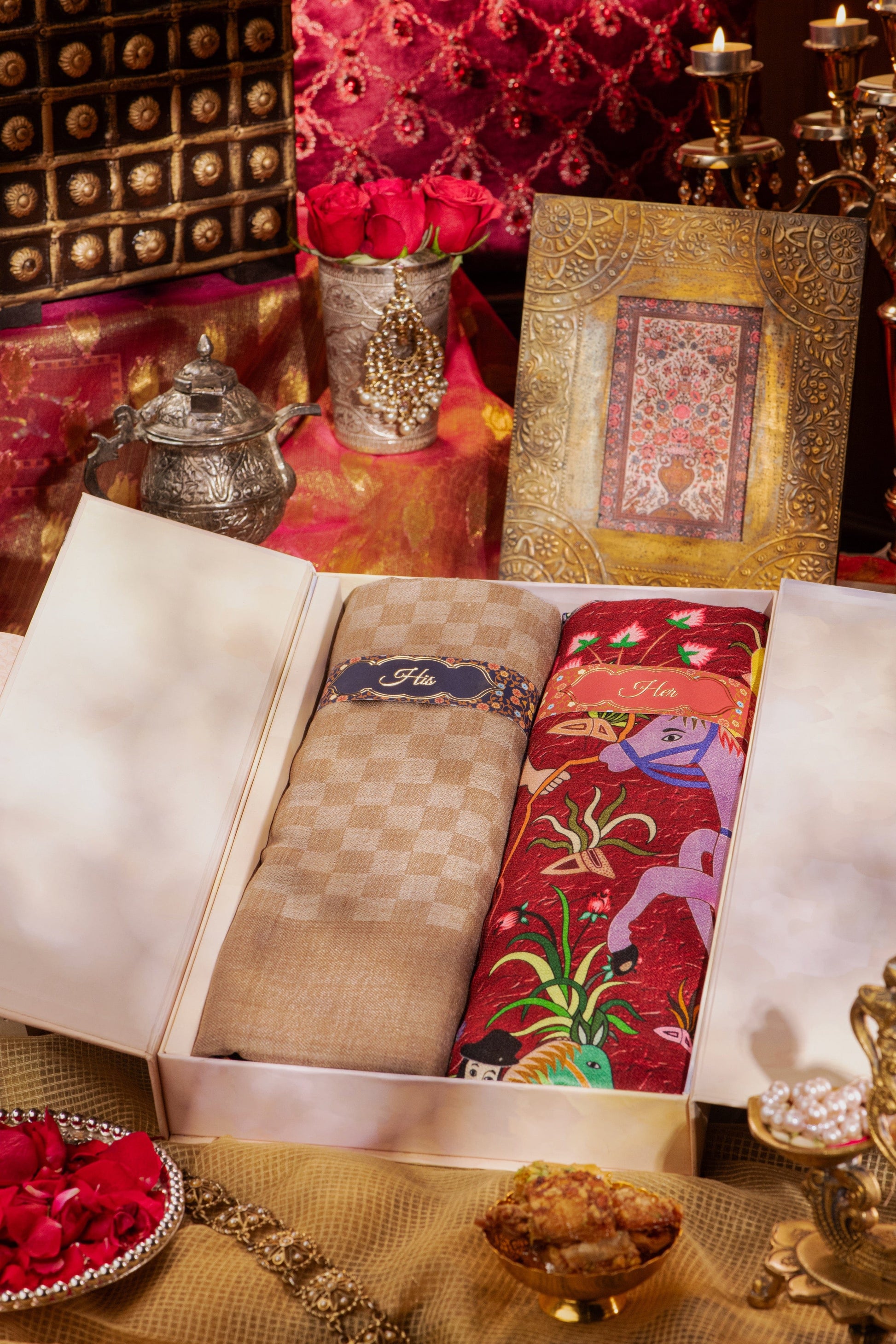 Pashtush India Gift Pack Pashtush His And Her Gift Set Of Checkered And Bamboo Printed Stoles With Premium Gift Box Packaging, Taupe And Multicolor