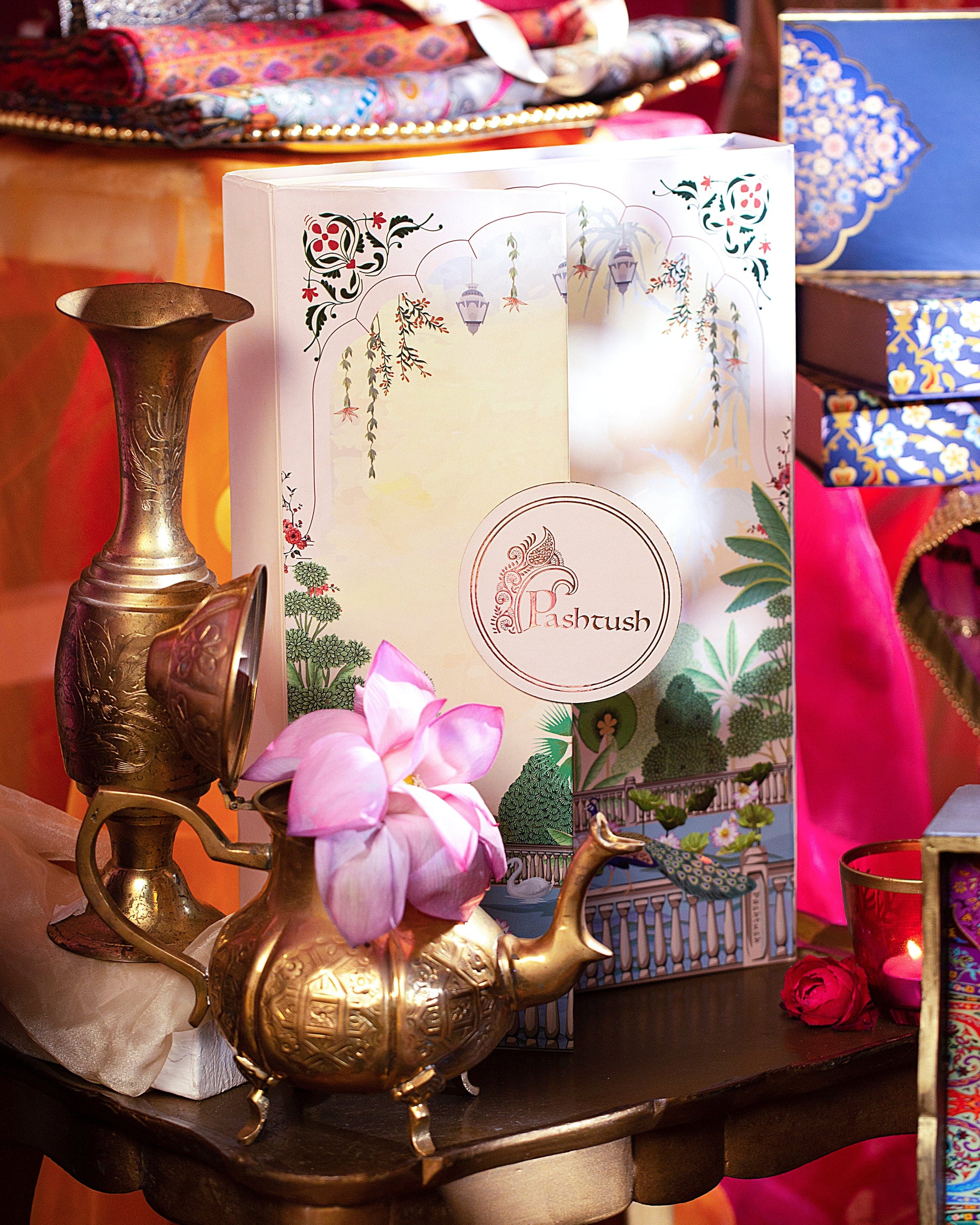 Pashtush India Gift Pack Pashtush His And Her Gift Set Of Checkered And Bamboo Printed Stoles With Premium Gift Box Packaging, Taupe And Multicolor