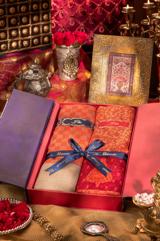 Pashtush India Gift Pack Pashtush His And Her Gift Set Of Checkered Stole And Embroidery Shawl With Premium Gift Box Packaging, Deep Orange and Maroon