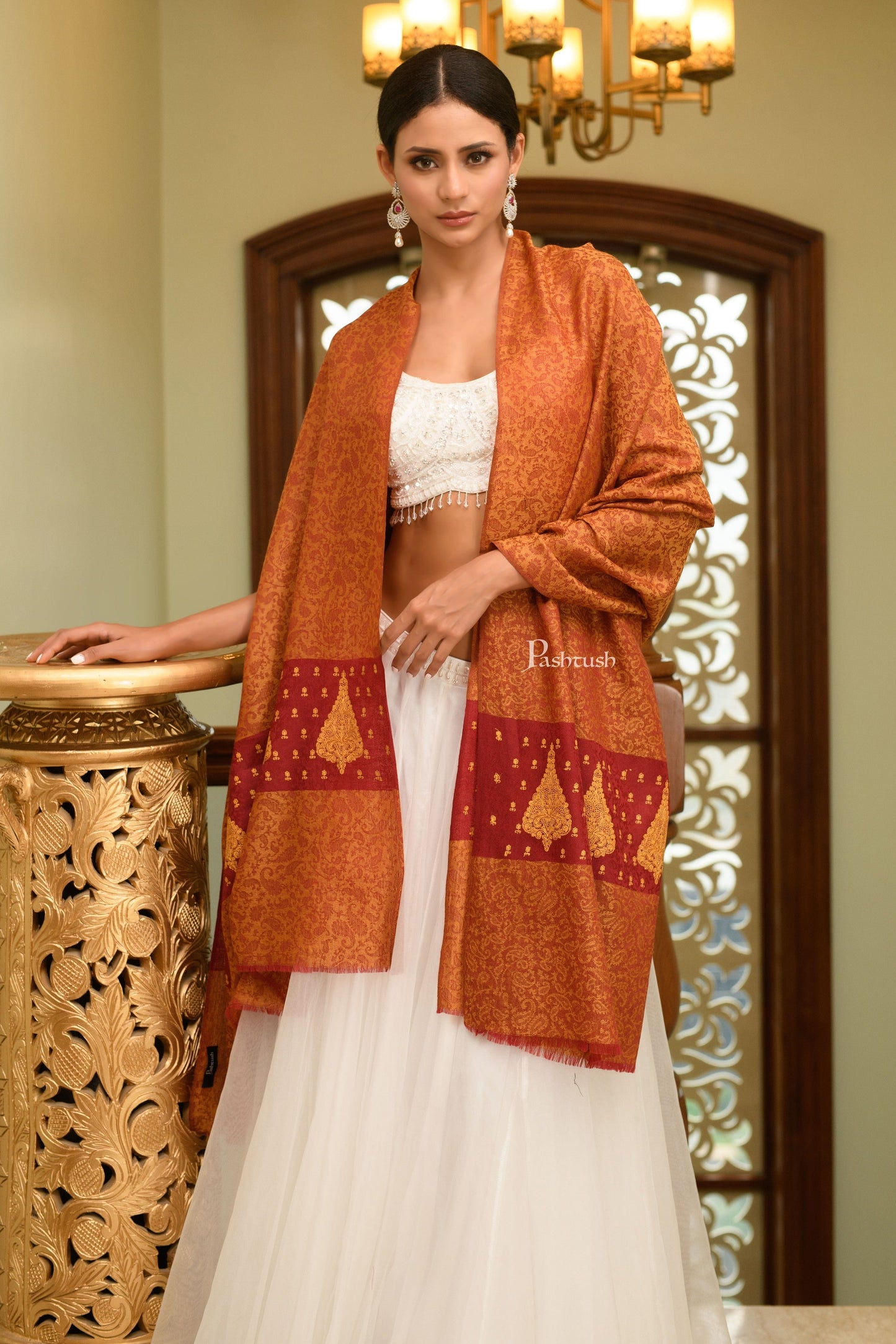 Pashtush India Gift Pack Pashtush His And Her Gift Set Of Checkered Stole And Embroidery Shawl With Premium Gift Box Packaging, Deep Orange and Maroon