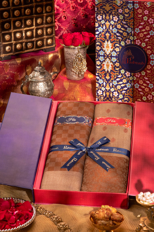 Pashtush India Gift Pack Pashtush His And Her Gift Set Of Checkered Stole And Embroidery Shawl With Premium Gift Box Packaging, Rich Coffee and Beige