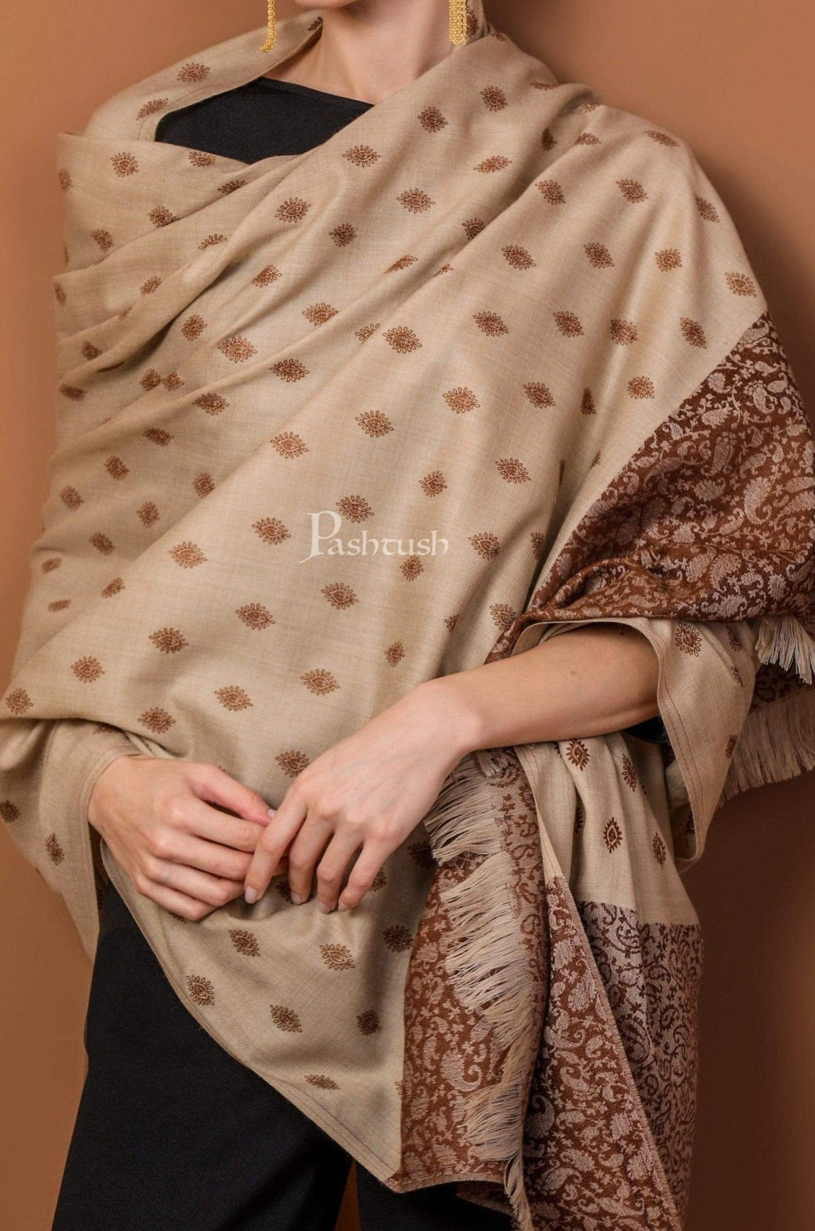 Pashtush India Gift Pack Pashtush His And Her Gift Set Of Checkered Stole And Embroidery Shawl With Premium Gift Box Packaging, Rich Coffee and Beige