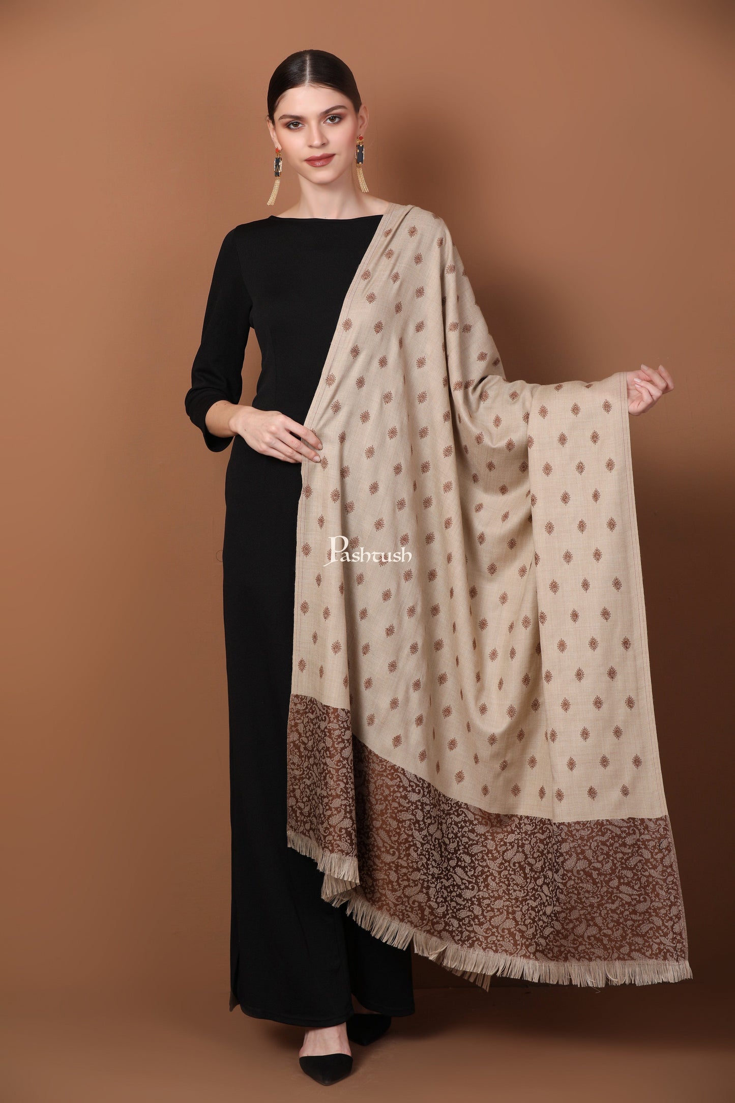 Pashtush India Gift Pack Pashtush His And Her Gift Set Of Checkered Stole And Embroidery Shawl With Premium Gift Box Packaging, Rich Coffee and Beige
