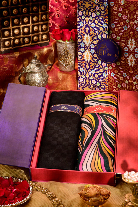 Pashtush India Gift Pack Pashtush His And Her Gift Set Of Checkered Stole and Printed Bamboo Stole With Premium Gift Box Packaging, Black and Multicolour