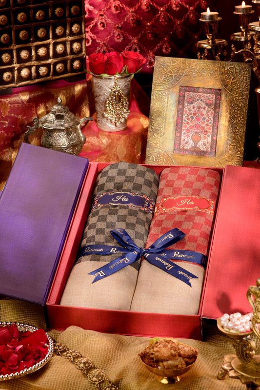 Pashtush India Gift Pack Pashtush His And Her Gift Set Of Checkered Stoles With Premium Gift Box Packaging, Black and Maroon