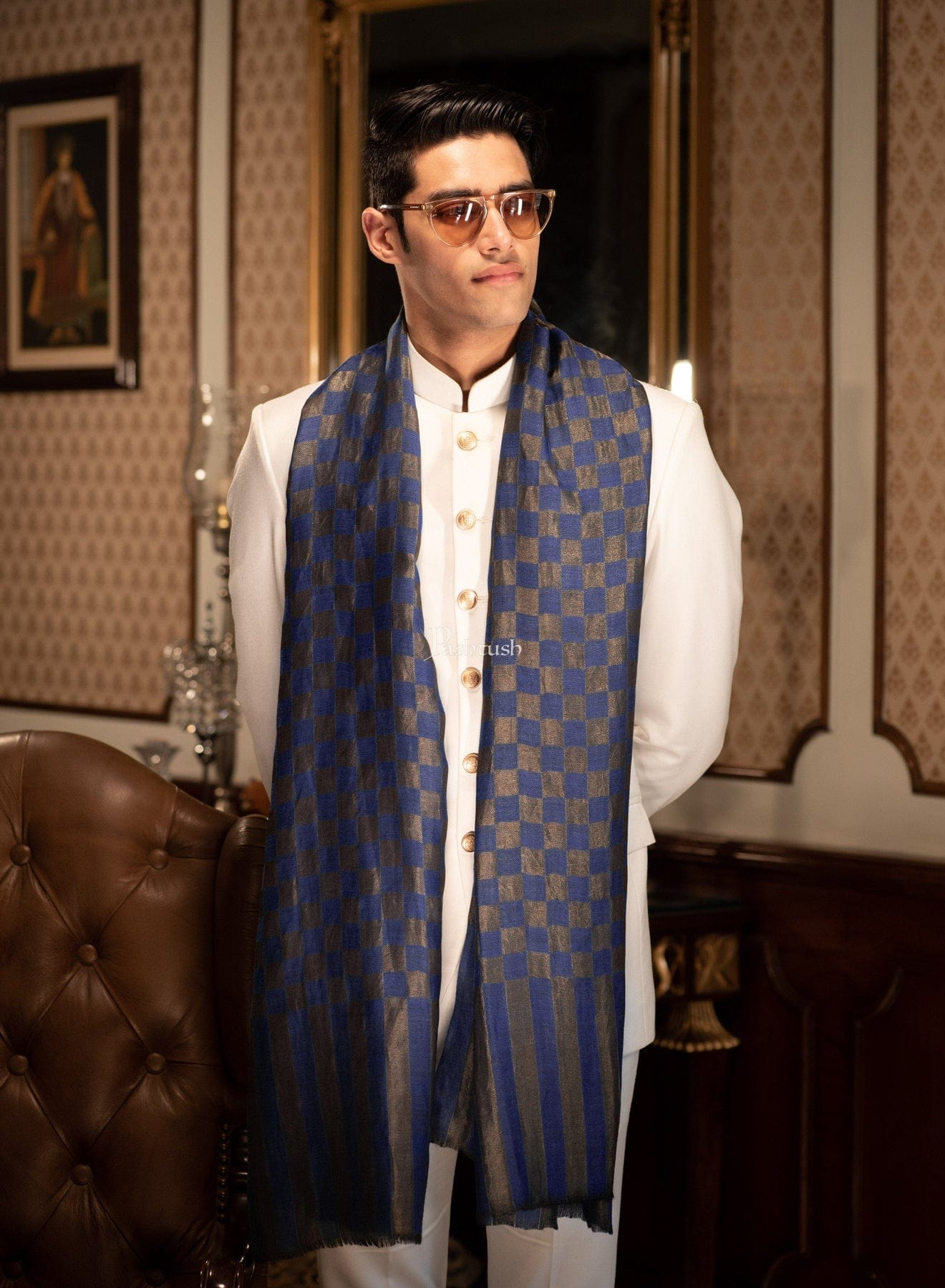 Pashtush India Gift Pack Pashtush His And Her Gift Set Of Checkered Twilight Stoles With Premium Gift Box Packaging, Royal Blue and Pink
