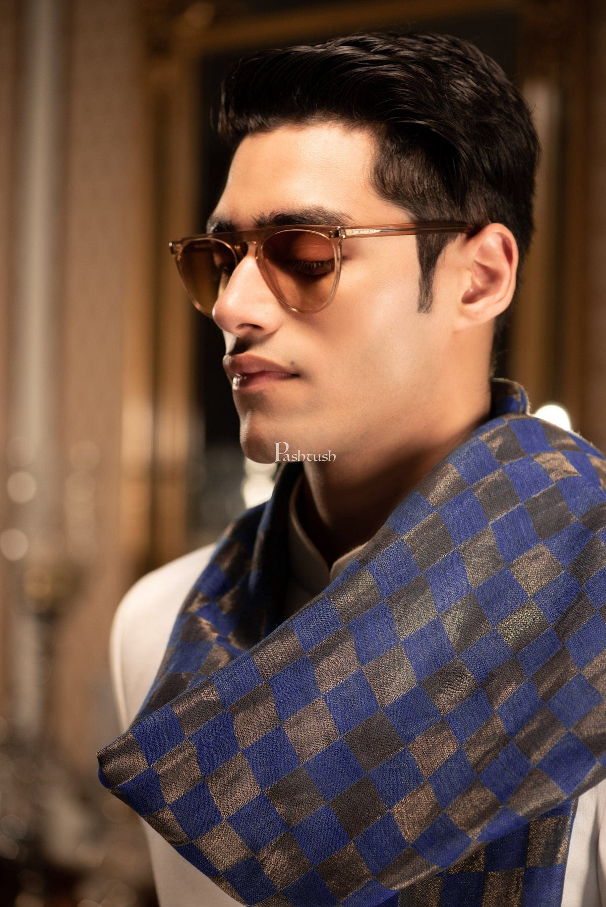 Pashtush India Gift Pack Pashtush His And Her Gift Set Of Checkered Twilight Stoles With Premium Gift Box Packaging, Royal Blue and Pink