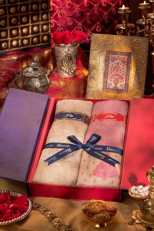 Pashtush India Gift Pack Pashtush His And Her Gift Set Of Extra Fine Wool Stole And Embroidery Shawl With Premium Gift Box Packaging, Beige and Pink