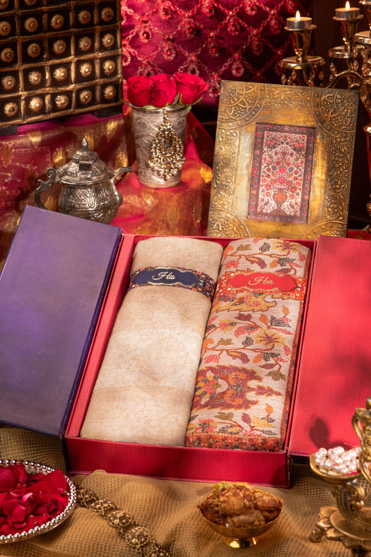 Pashtush India Gift Pack Pashtush His And Her Gift Set Of Extra Fine Wool Stole and Shawl With Premium Gift Box Packaging, Beige