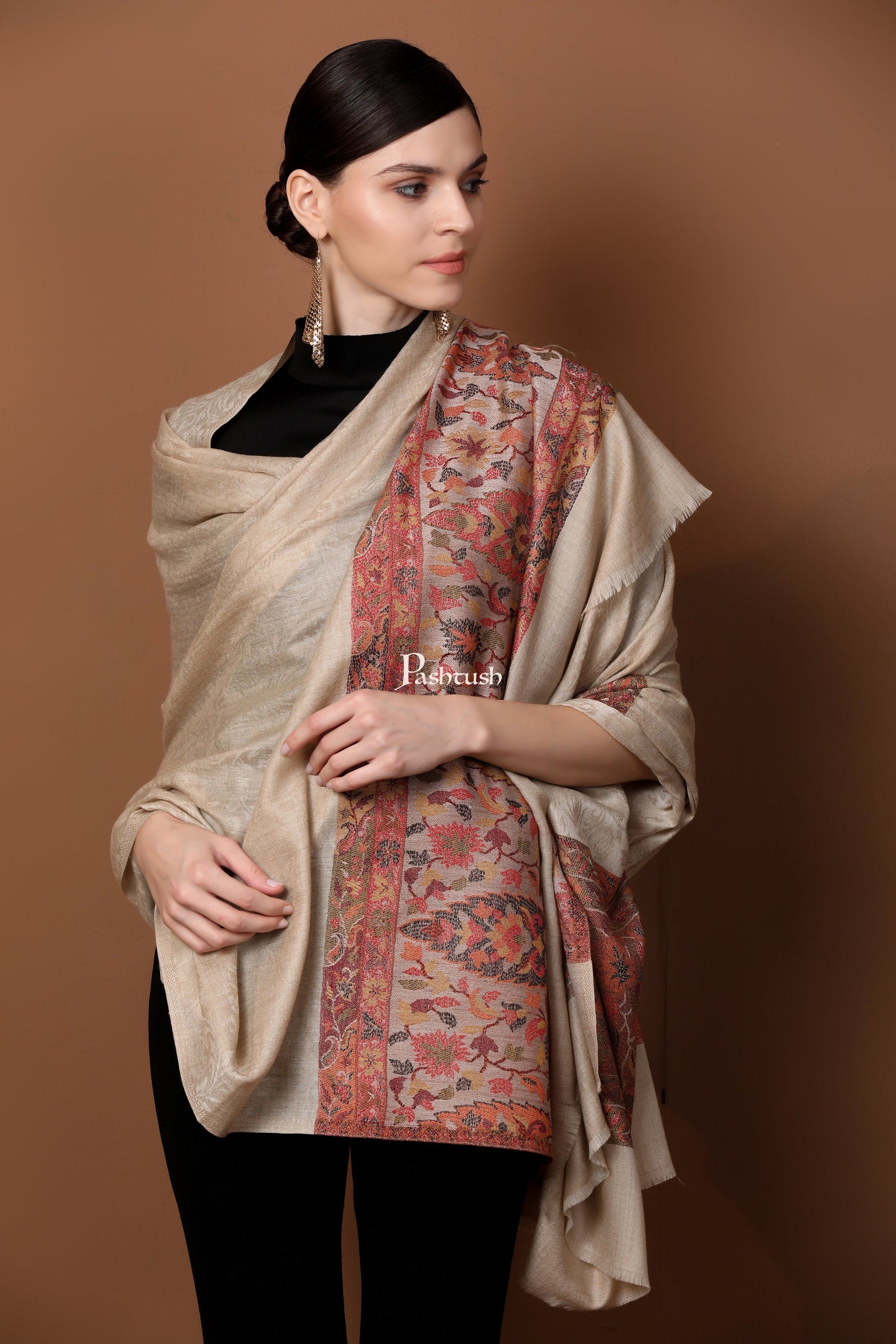 Pashtush India Gift Pack Pashtush His And Her Gift Set Of Extra Fine Wool Stole and Shawl With Premium Gift Box Packaging, Beige