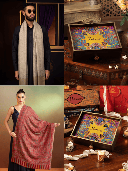 Pashtush India Gift Pack Pashtush His and Her Gift Set of Extra Fine Wool Stoles, Taupe and Maroon, Packaged in Keepsake Wooden Chester Gift Box