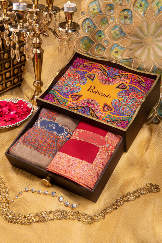 Pashtush India Gift Pack Pashtush His And Her Gift Set Of Fine Wool Daur Embroidery Shawl With Wooden Chester Box, Taupe and Red