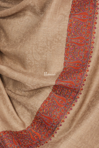 Pashtush India Gift Pack Pashtush His And Her Gift Set Of Fine Wool Daur Embroidery Shawl With Wooden Chester Box, Taupe and Red