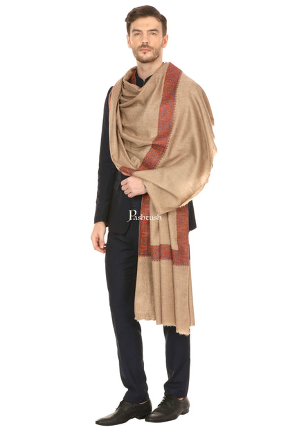 Pashtush India Gift Pack Pashtush His And Her Gift Set Of Fine Wool Daur Embroidery Shawl With Wooden Chester Box, Taupe and Red