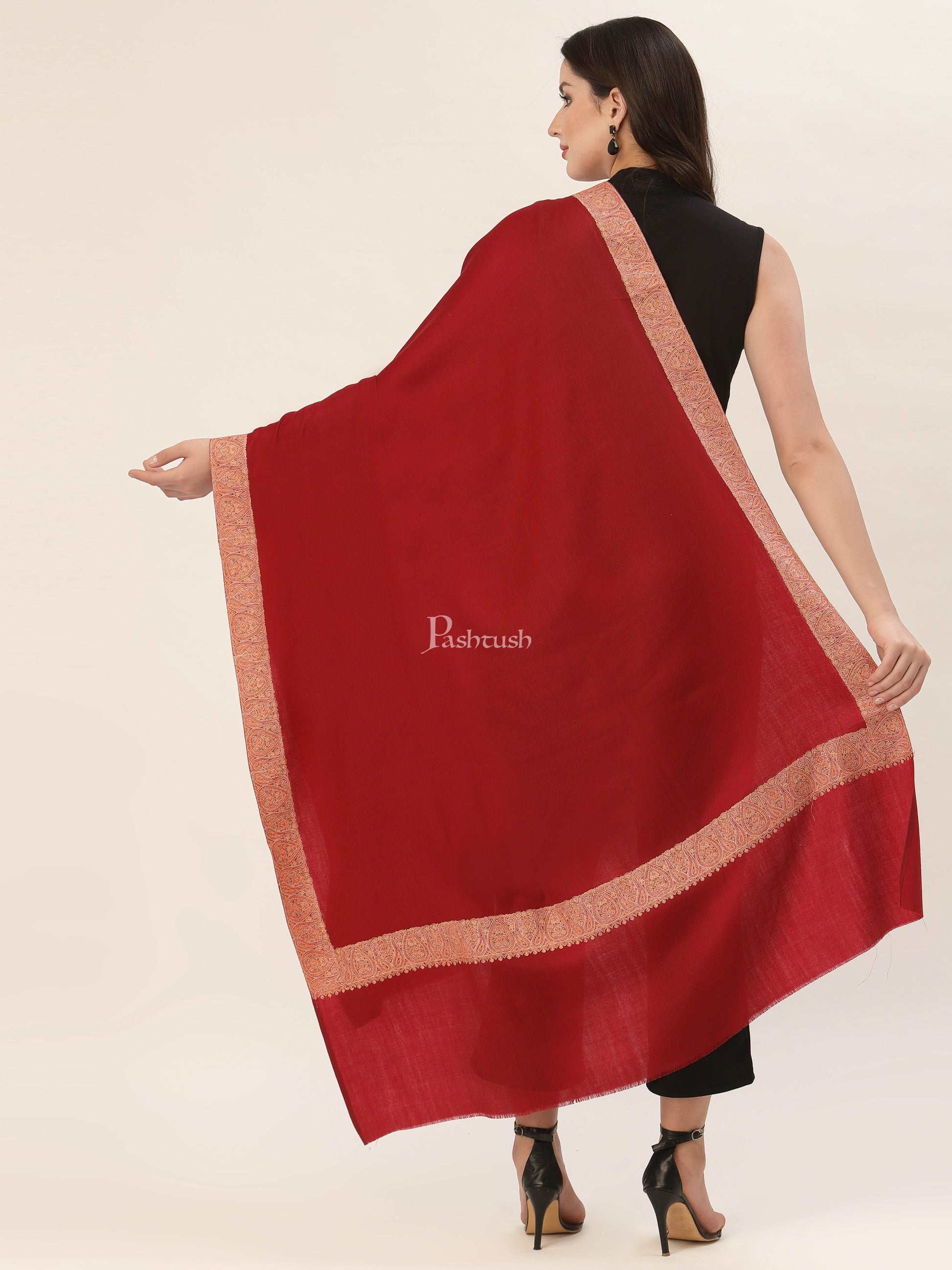 Pashtush India Gift Pack Pashtush His And Her Gift Set Of Fine Wool Daur Embroidery Shawl With Wooden Chester Box, Taupe and Red