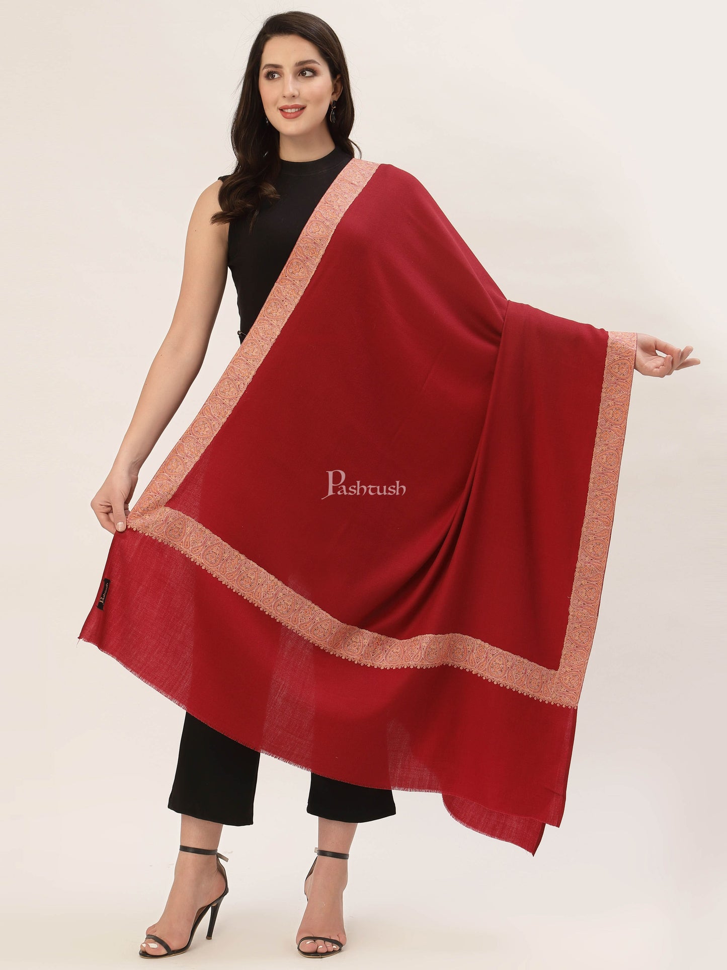 Pashtush India Gift Pack Pashtush His And Her Gift Set Of Fine Wool Daur Embroidery Shawl With Wooden Chester Box, Taupe and Red