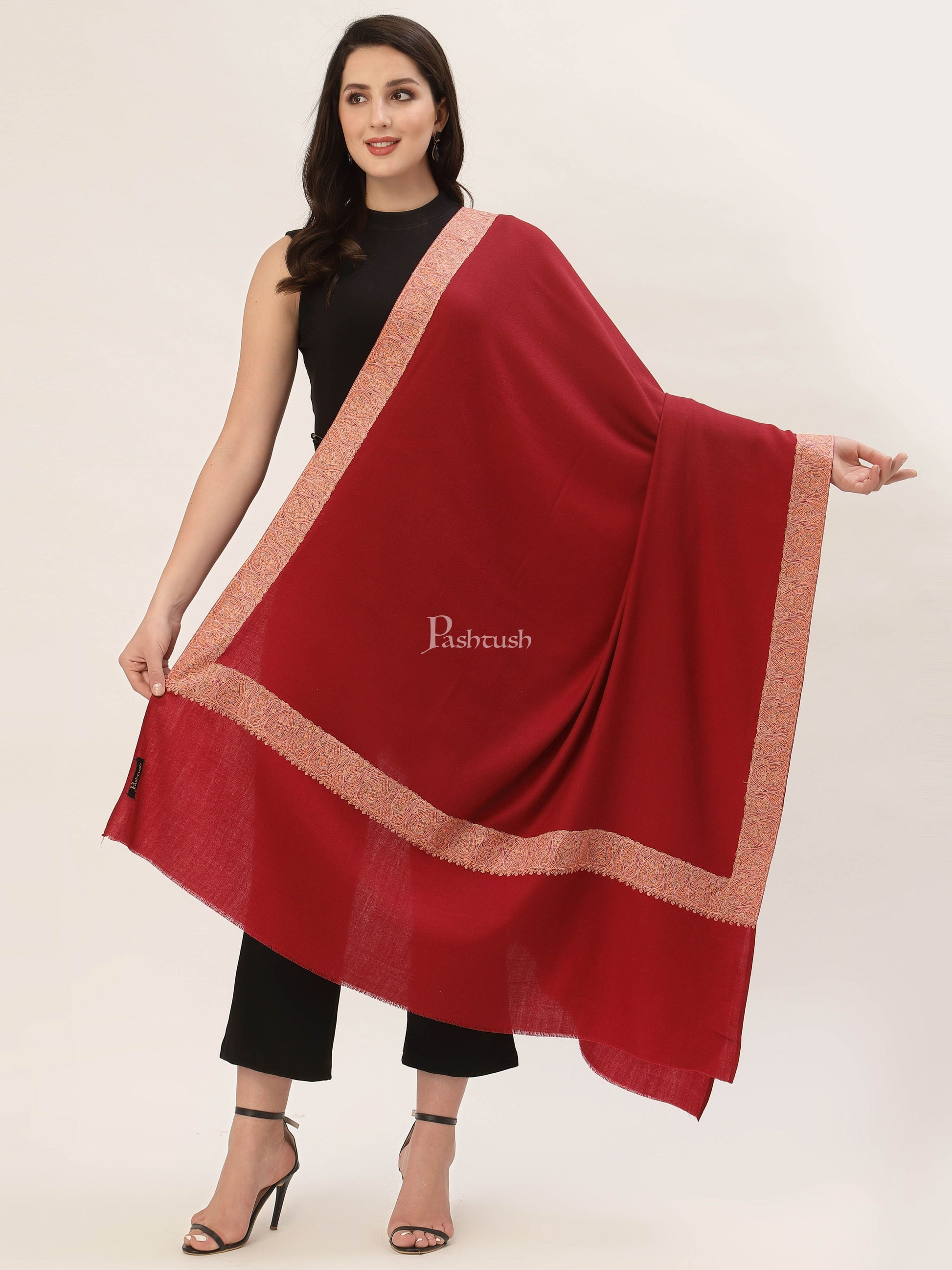 Pashtush India Gift Pack Pashtush His And Her Gift Set Of Fine Wool Daur Embroidery Shawl With Wooden Chester Box, Taupe and Red
