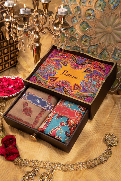 Pashtush India Gift Pack Pashtush His And Her Gift Set Of Fine Wool Hand Embroidery Shawls With Wooden Chester Box, Beige and Multicolour