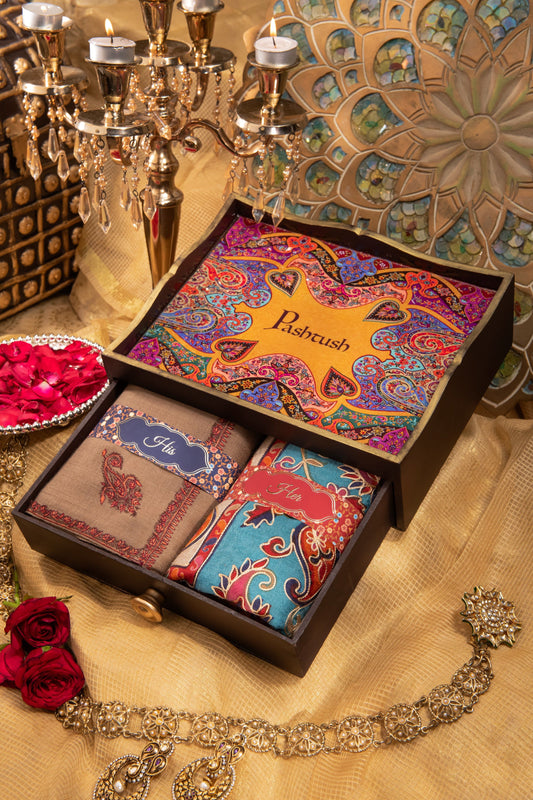 Pashtush India Gift Pack Pashtush His And Her Gift Set Of Fine Wool Hand Embroidery Shawls With Wooden Chester Box, Beige and Multicolour